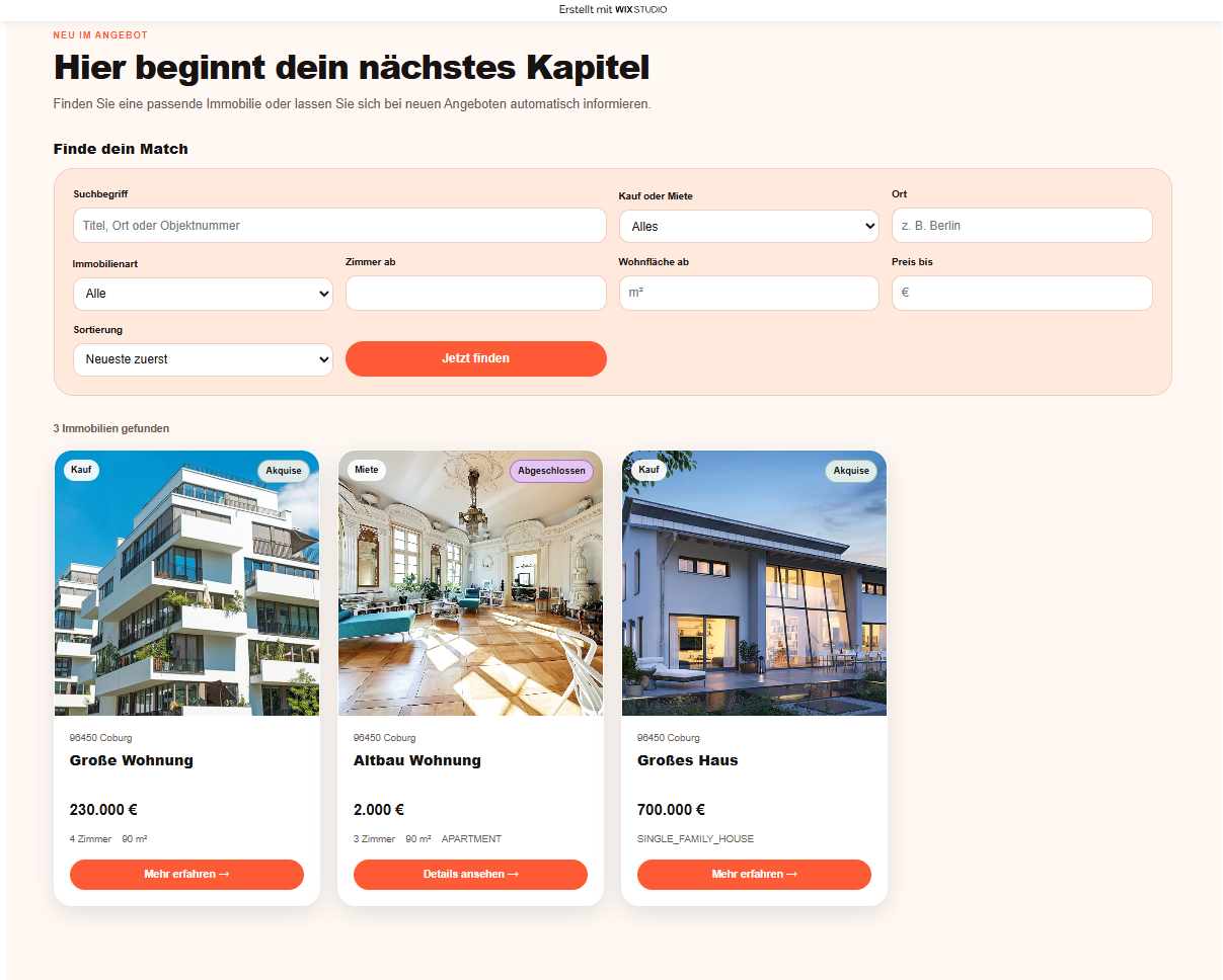 ImmoConductor Objektliste auf einer Wix-Website